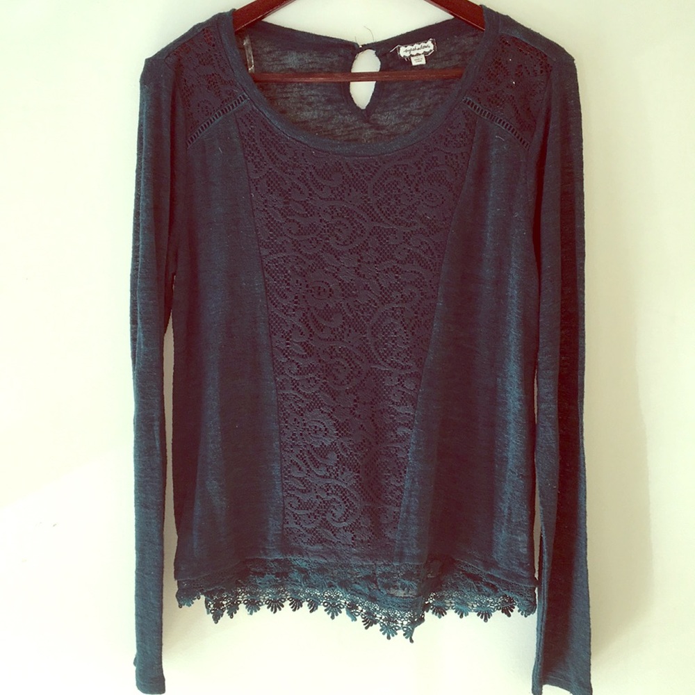 Teal long sleeve top with crochet front